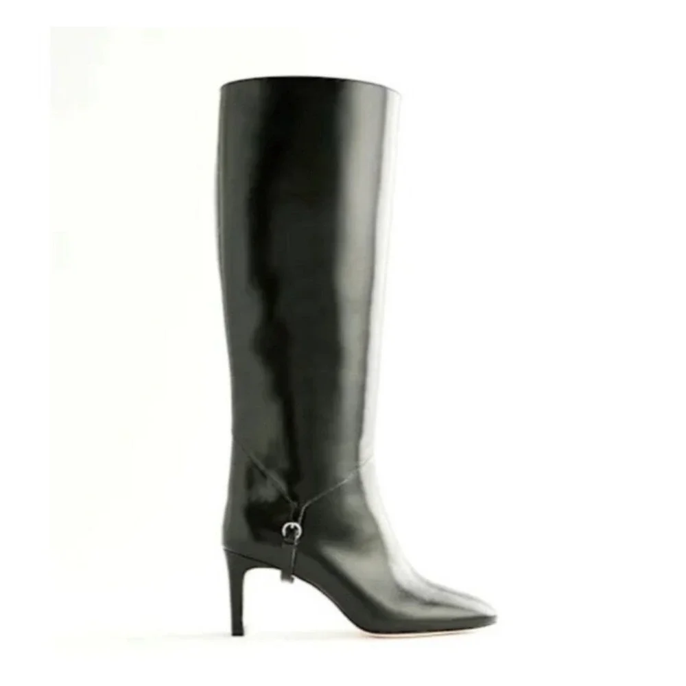 New Reformation Gaelle Knee Boots Sz 9 Black Leather New Buckle Detail Tall Heel